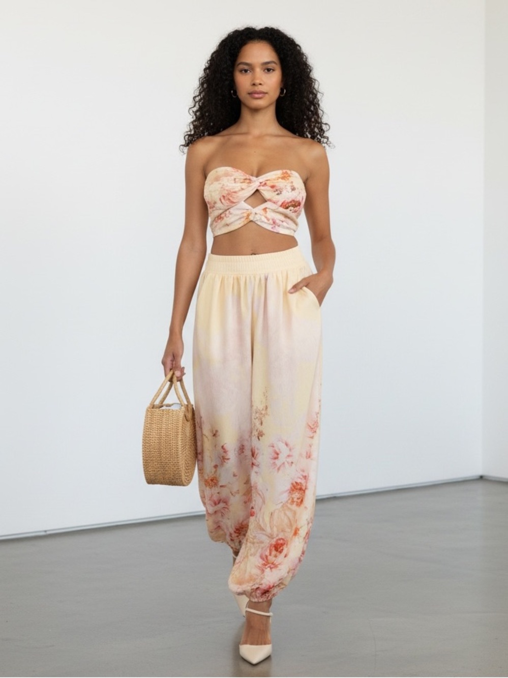 1525 • Butter Rayon Blend Balloon Pant & Smock-Back Bandeau Floral Top Set